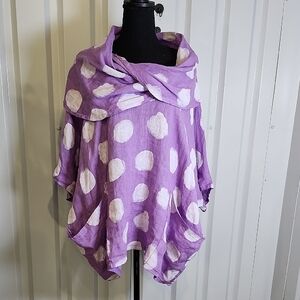 Bella Amore Womens Linen Lavender White Polka Dot Cowl Neck Top Size S/M